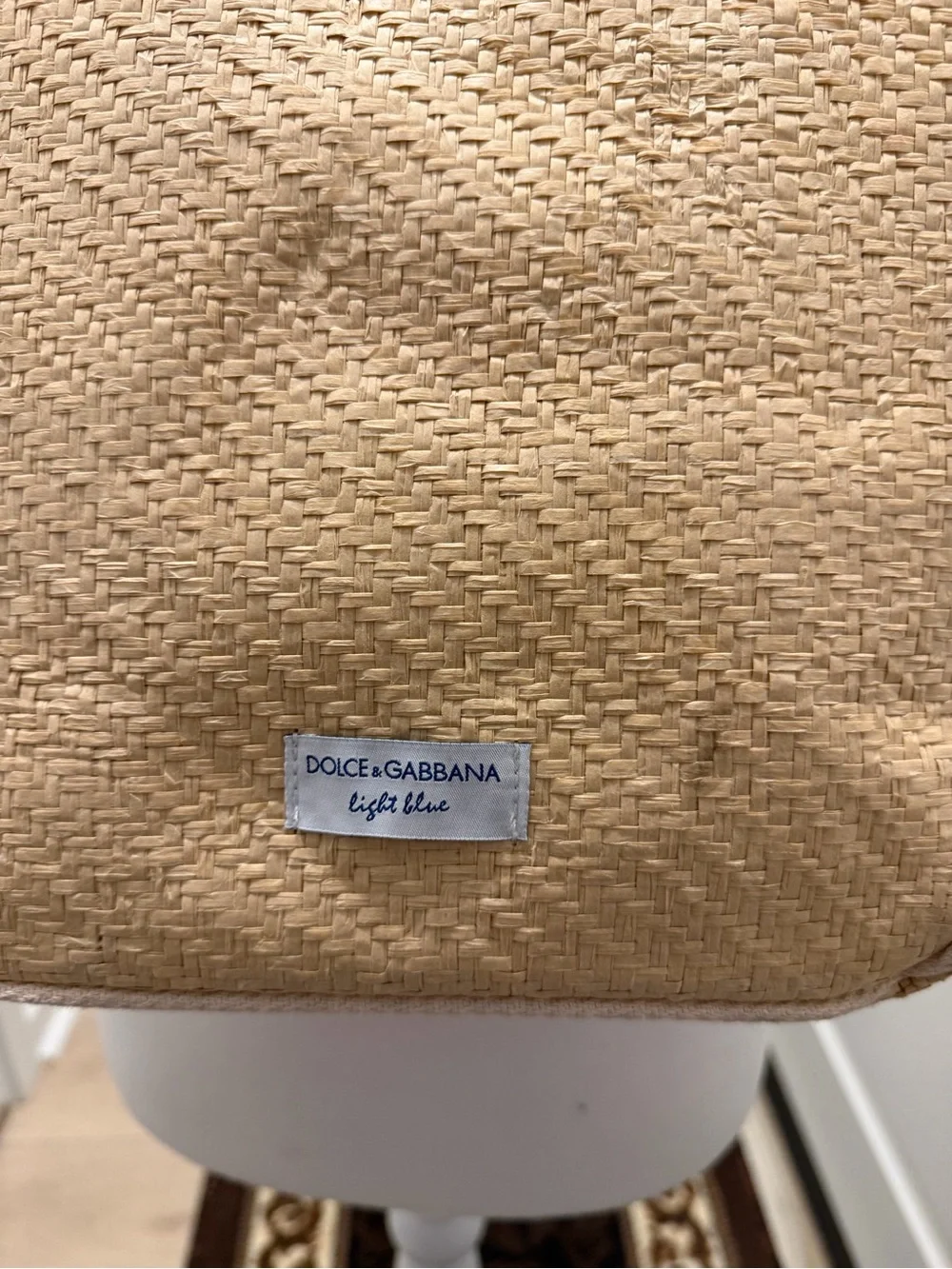 Dolce & Gabbana Beige Straw Tote with Blue Floral Trim and White Handles